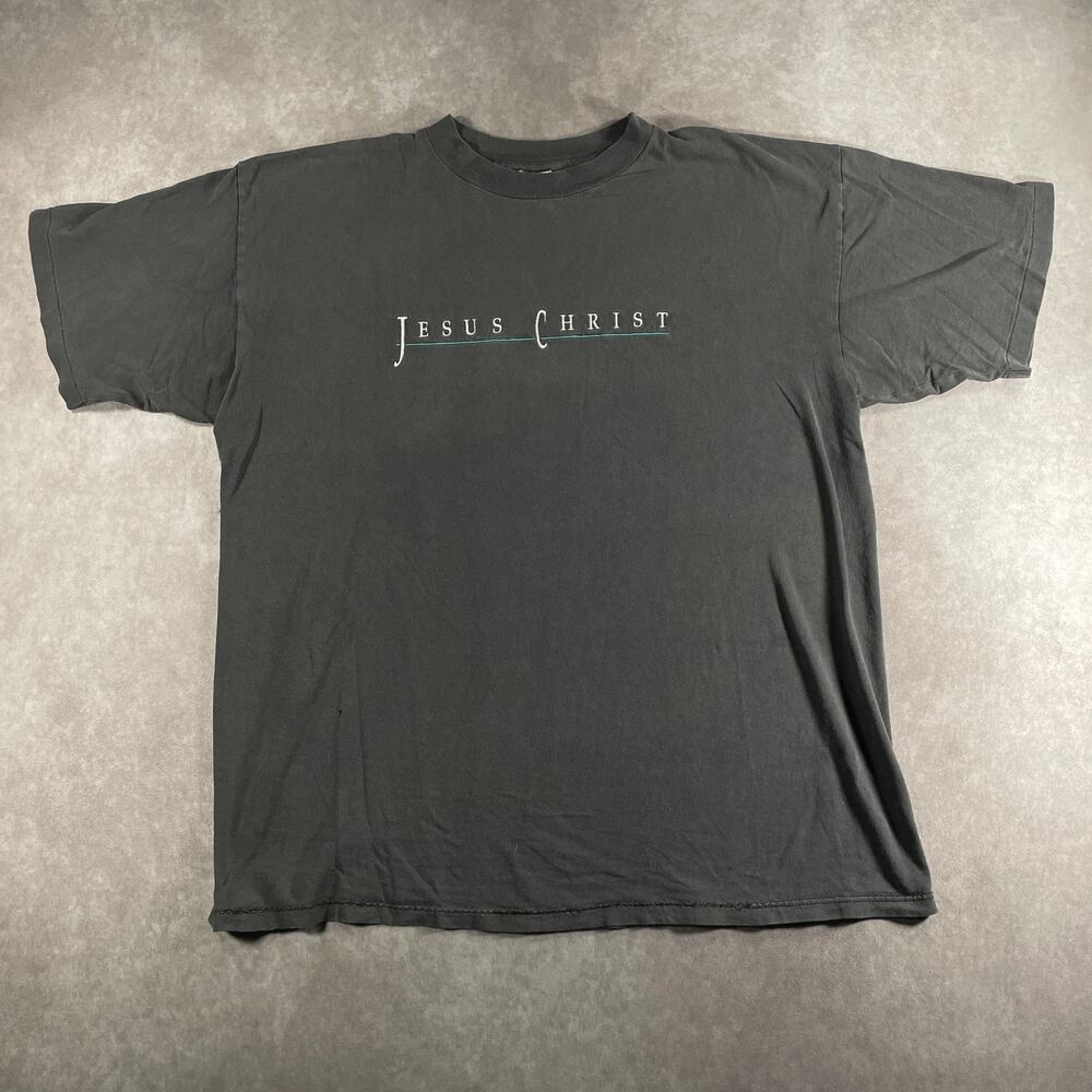90's Vintage Jesus Christ Lord God Religious T-Shirt Faded Black XL VTG Made USA
